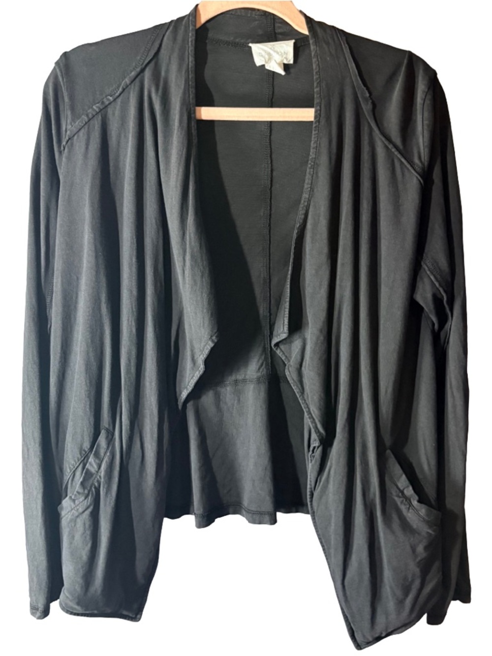 Caslon Open Cardigan M Black Cotton Linen Draped Lightweight Pockets Lagenlook - Picture 2 of 8